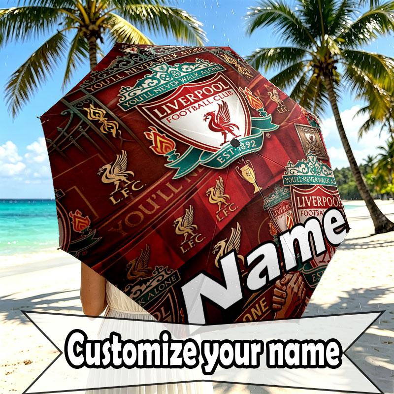 Custom Name Personalized Liverpool Football Club Print Umbrella, Auto Open Close, 8‑Rib Sturdy Frame, Commute Camping Hiking Use, Birthday Gift