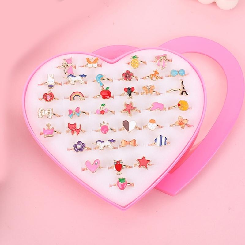 36pcs Adjustable Kids Rings Set Colorful Alloy Rings Fashionable Jewelry for Girls Dress Up Parties and Imaginative Play