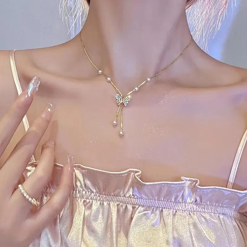 Moda Europa e América Cor Dourada Aço Inoxidável Pingente de Colar com Franja Gota d'Água para Mulheres Corrente Clavicular Joias de Festa