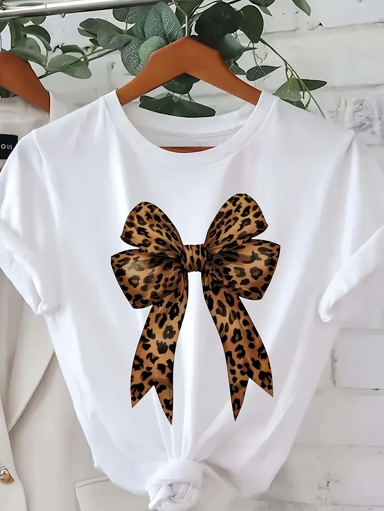 Womens Casual White with Leopard Print Bow Design Short Sleeve Round Neck Harajuku Short Sleeve Casual Aesthetic Clothes S