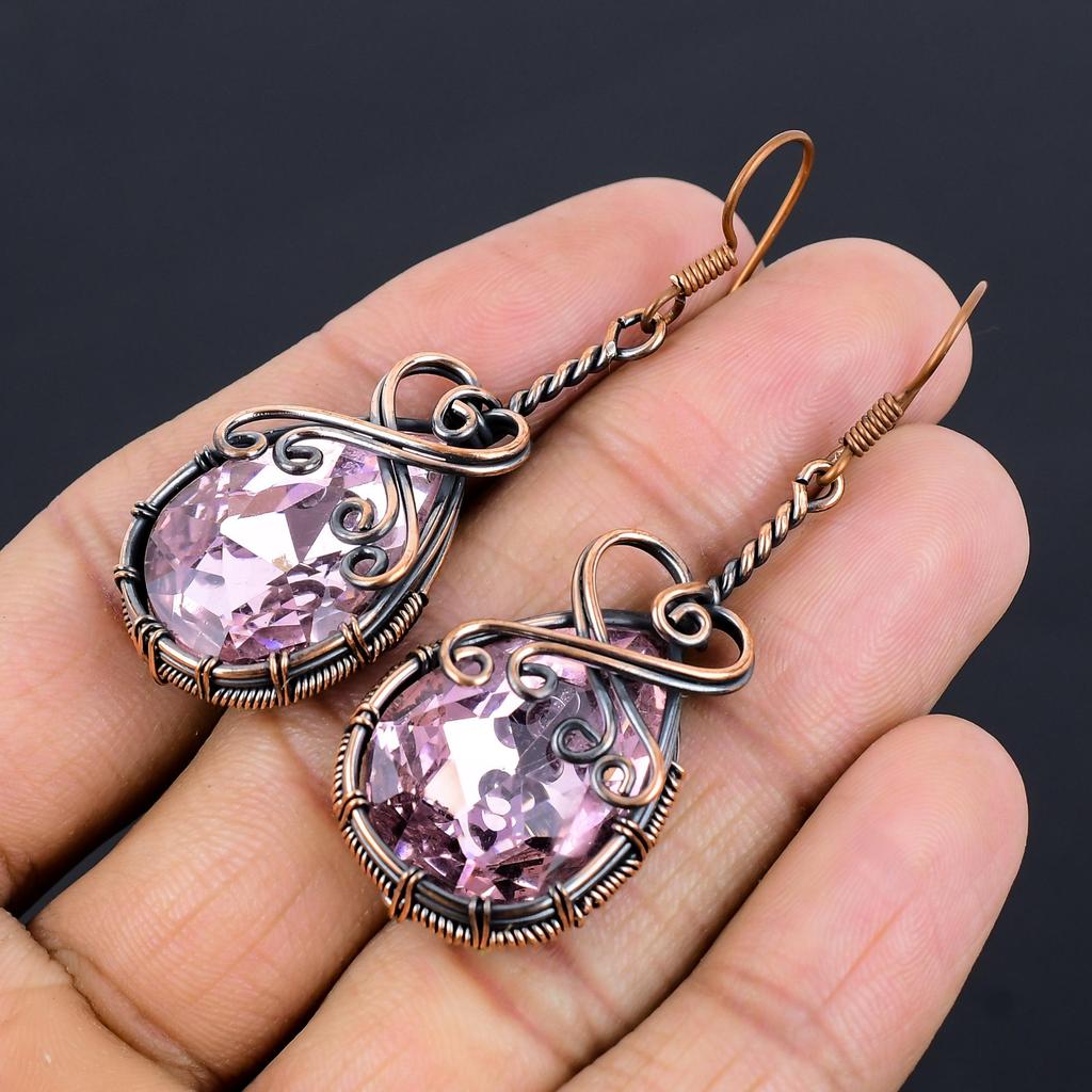 Pink Kunzite Earrings Gemstone Jewelry, 999 Copper Wire Wrapped Earrings, Handmade Jewelry Birthstone Earrings, Gift For Him
