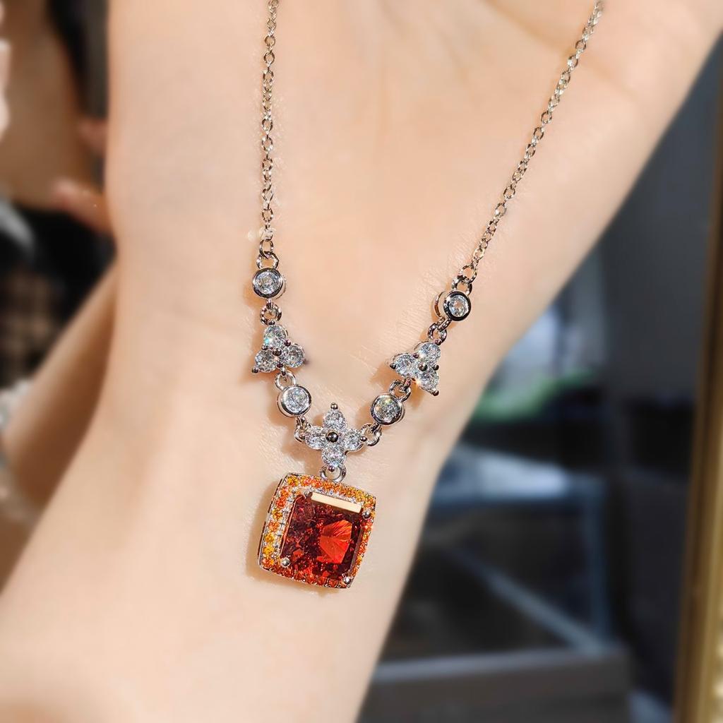 Square High Carbon Diamond Necklace Ring Women'S Ice Flower Cut Yellow Diamond Red Stone Square Bag Colorful Treasure Set