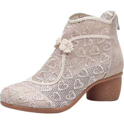 Damen Ethno-Stil Netz Knöchel Coole Stiefel Frühling Sommer Blockabsatz Runde Spitze Weiche Sohle Tanzschuhe Leichte Hohe Reißverschluss Sandale