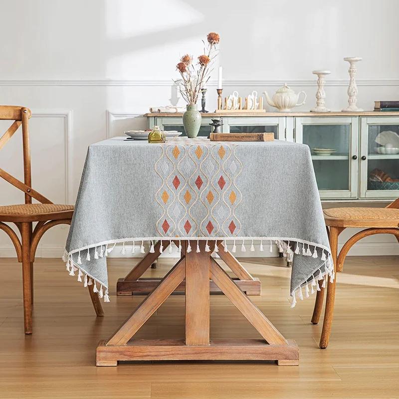 Embroidered Tablecloth Cotton Linen Waterproof Rectangle Table Cover Vintage Leaf Pattern for Kitchen Dining Living Room Decor