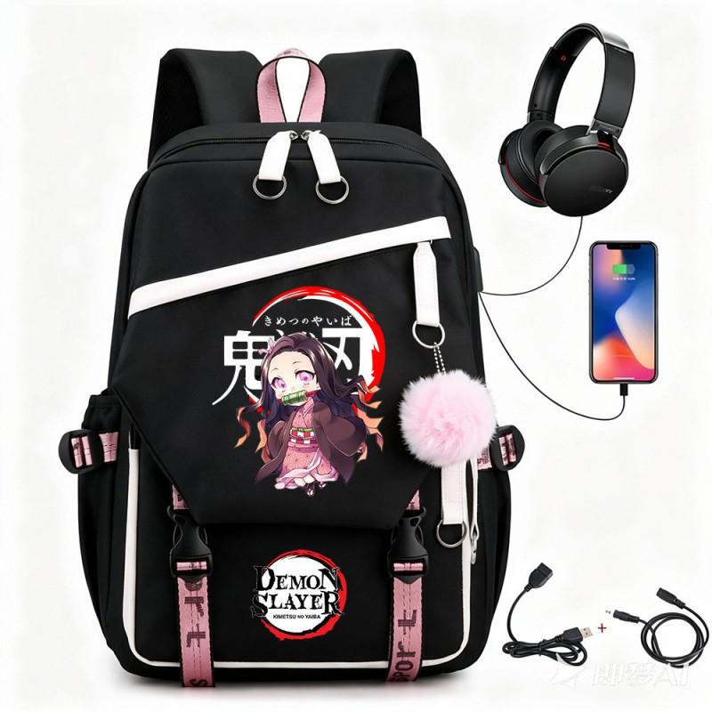 Anime Printed Canvas Backpack With USB Charging Port Teens Students School Travel Unisex