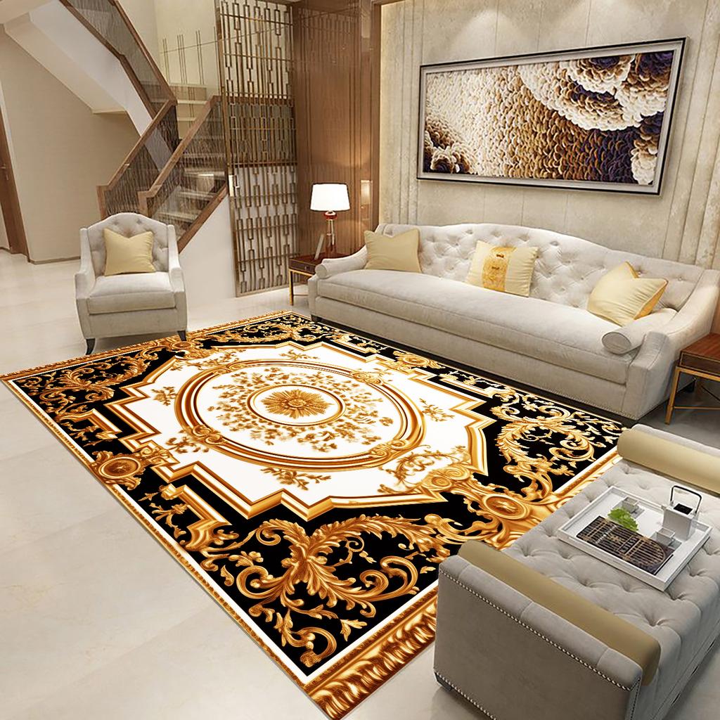 Goldener Schwarzer Teppich für Wohnzimmer Luxus Große Fläche Dekoration Bodenmatte Moderne Teppiche Rutschfest Weich Waschbar Schlafzimmer Lounge Teppich