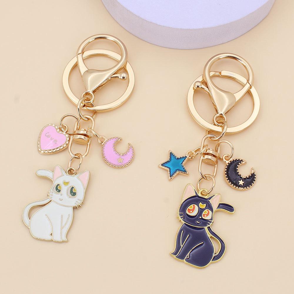 Derpy Moon Cat Keychain Pendant with Star Charm - Cute Kitten Bag Accessory