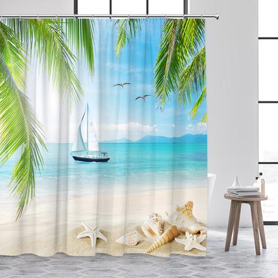Cortina de ducha de playa Azul Océano Estrella de mar Caracola Paisaje de isla al atardecer Cortinas de baño Decoración Tela de poliéster con ganchos