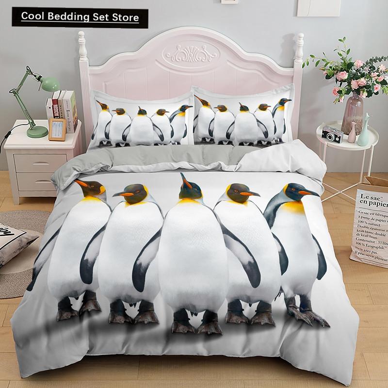 Penguin King Queen Duvet Cover Lovely Black White Antarctic Animals Bedding Set for Kids Wildlife 2/3pcs Polyester Quilt Cover