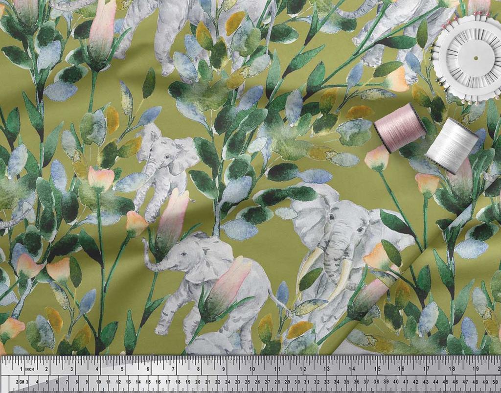 Soimoi Japan Crepe Satin Fabric Leaves,Floral & Elephant Animal Printed Craft Fabric by the metre 42 Inch