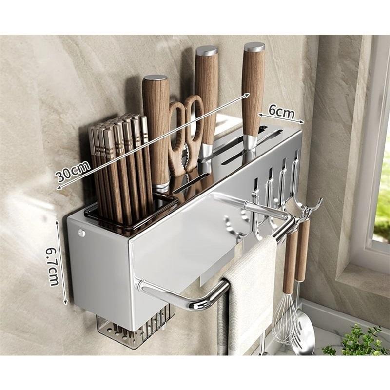 Stainless Steel Knife Holder Kitchen Knife Rack Punch Free Multifunctional Kitchen Knife Chopsticks Storage Rack Wall Mounted Knife Rack