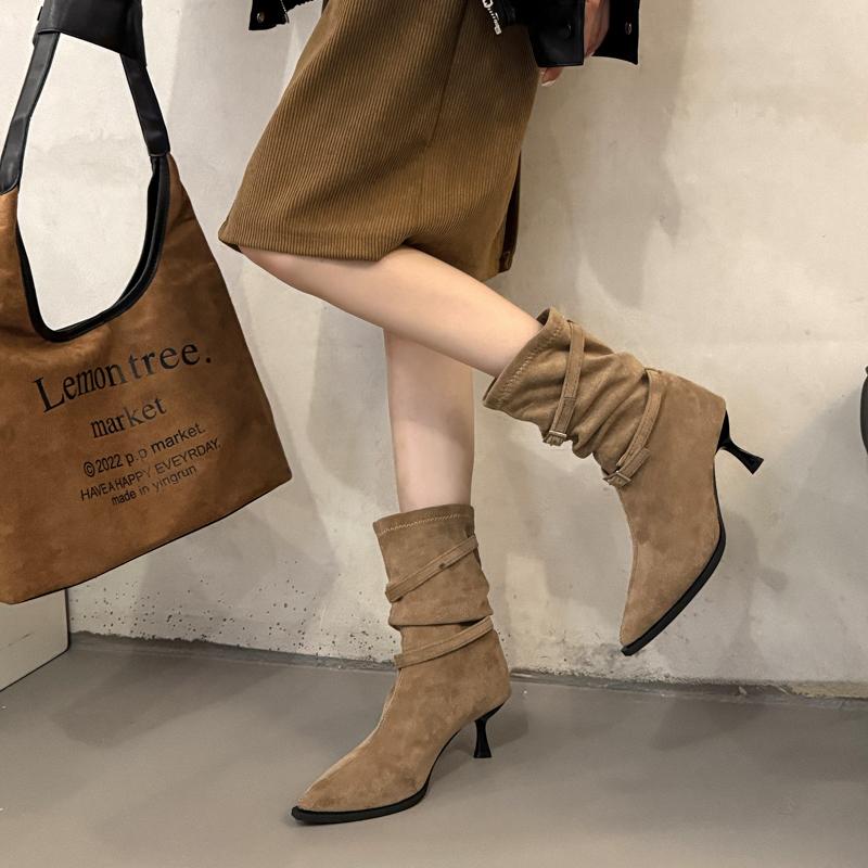 New Women's Pleated Women's Knee-high High Heels Ladies Pointed Knight Boots High Quality Knee High Boots Zapatos Mujer
