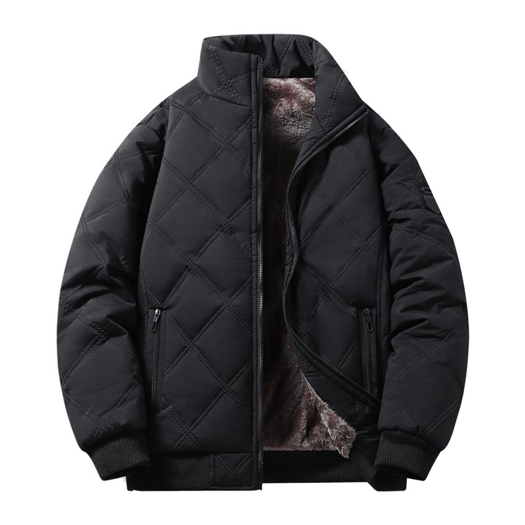 Men's Casual Solid-color Stand-up Collar With Fleece Rhombic Checkered Warm Zipper Cotton Jacket