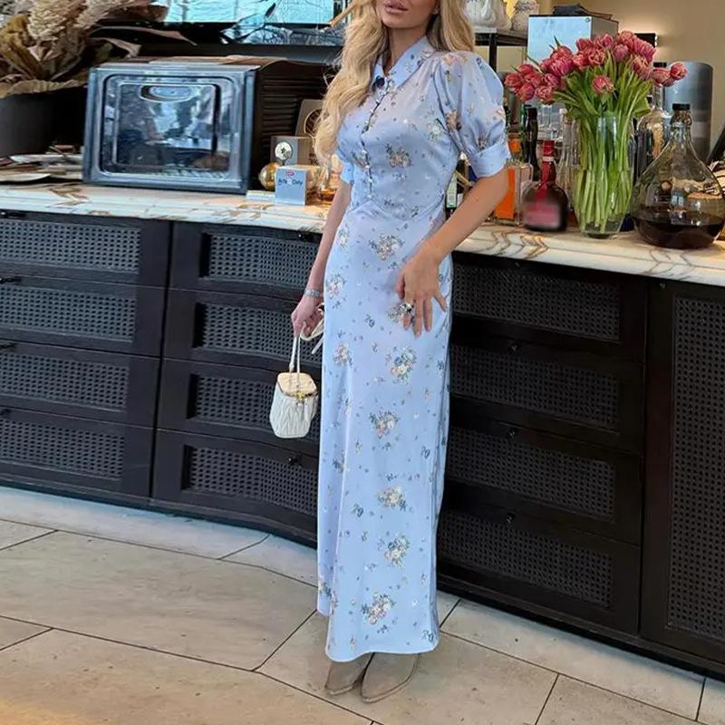 women's summer new, Amazon cross-border Europe and the United States, fashionable and elegant printed button slim dress