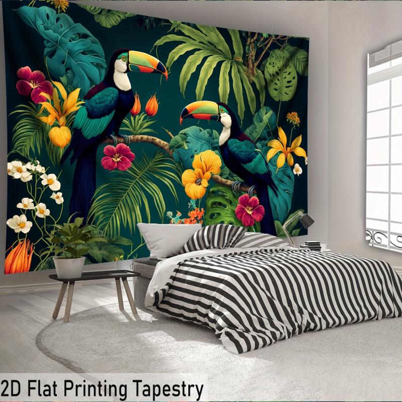 Tropical Parrot Tapestry, Jungle Plant Wall Hanging Vibrant Landscape Wall Decor for Living Room Bedroom