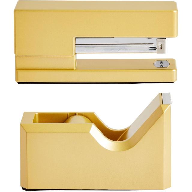 2 Piece Matte Gold Stapler and Tape Dispenser Set for Home Office Decor, Classroom Supplies, Desk Accessories for Dorm Room, Students, Teachers,