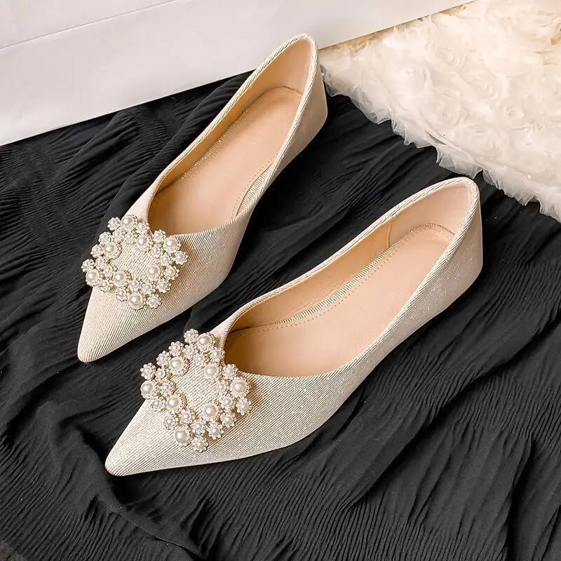 Fashion Woman Flats Pearl Buckle Low Heel Elegant Price 2025 Trend Genuine Mark Comfortable Slip On Wholesale Offer Shoe Shoes for Women
