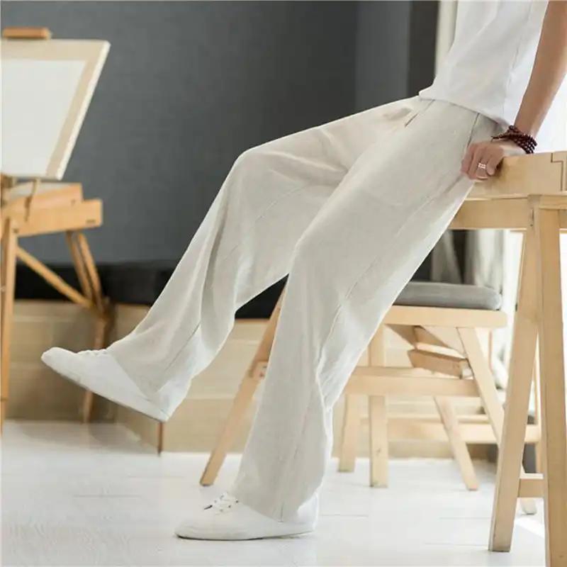 

Mens Solid Color Linen Elastic Waist Wide Leg Pants M бежевий