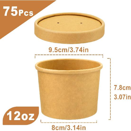 12 oz 75 Pack Paper Soup Containers with Lids, Disposable Kraft Food Cups, Soup Cups Paper Ice Cream Cup, Dessert Cup, Yogurt Ice Cream Containers.