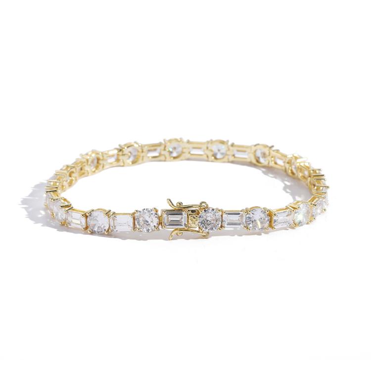 Real Gold Color Brass and square and Round Zircon Mixed 6mm Single Row Tennis Bracelet 6mm zircon chain bracelet&7inches