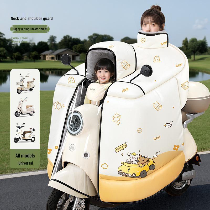 Children's Parent-Child Electric Motorcycle Winter Windshield - Fleece-Lined, Thickened, Waterproof, Full Coverage.