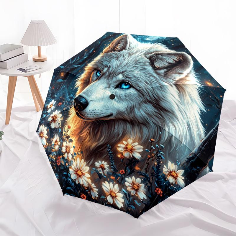 1 PC Automatic Folding Umbrella - Wolf In Moonlit Pattern, Portable & Foldable Design with 8 Ribs, Christmas Birthday Gifts