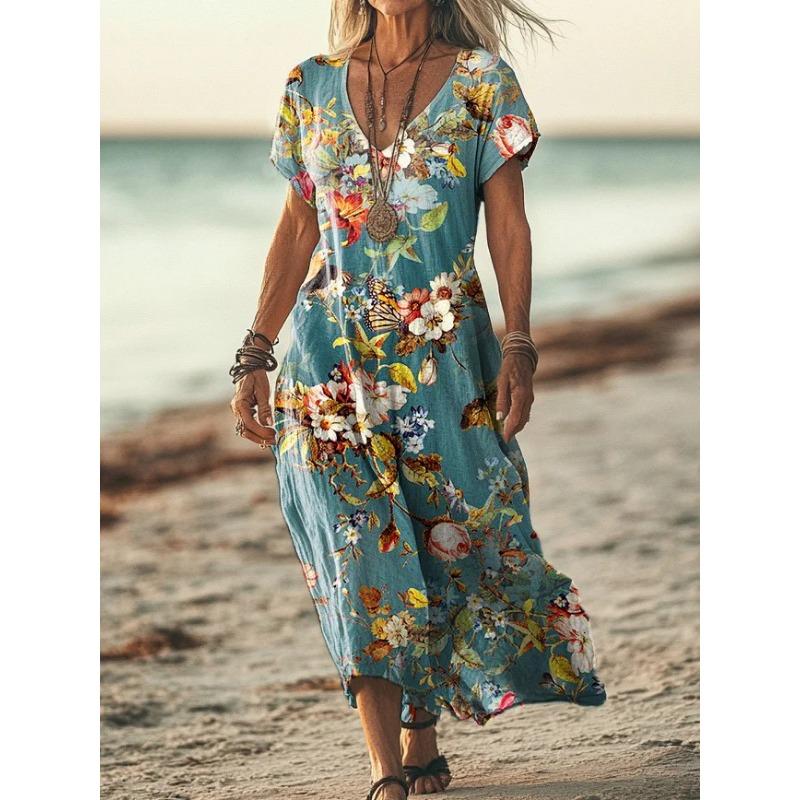 YYFS Women's Fashion Summer Spring Flower Pattern Print Short Sleeve V-Neck Loose Waistline Casual Dresses