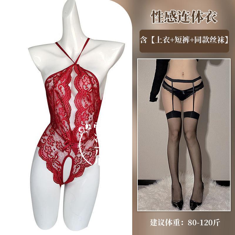 Sexy Hollow Breast Perspective Sex Underwear Pearl Breast Large Lace Open Door No-Take-Off onesie