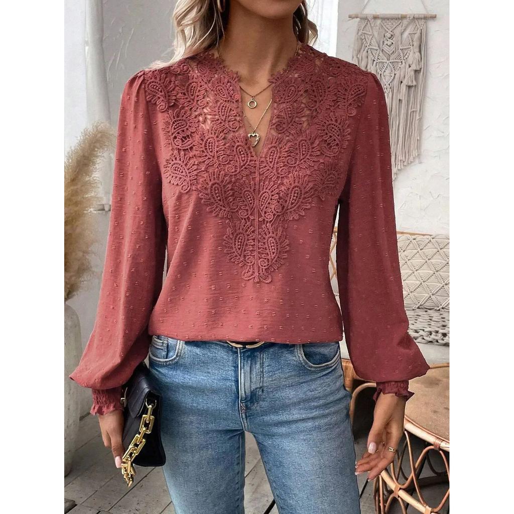 Lace Hollowed V-Neck Shirt Women Solid Color Long Sleeve Top Office Lady Elegant Daily Blouse