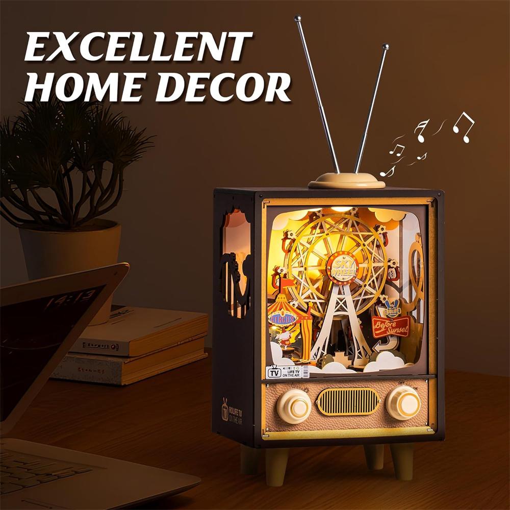 Robotime Wooden Music Box 3D Puzzles DIY Model Kits  Book Nook DIY Night Light  for Men Women Hobby Sunset Amusement Park