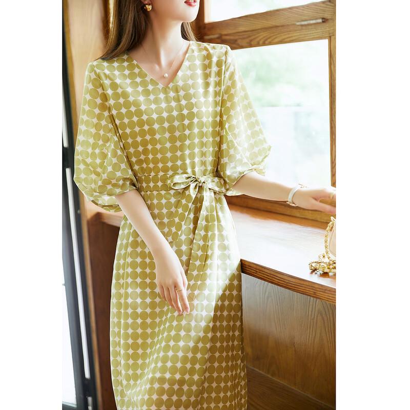 Deme Women's Retro Polka Dot V-Neck Lantern Sleeve Chiffon Midi Dress