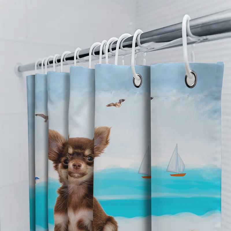 Beach-Themed Shower Curtain: Adorable Chihuahua Print In Multicolor Perfect For Bathroom Decor Easy Installation Quick Dry Fabri