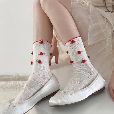 Rosenblüten Spitzenstrümpfe für Damen Sommer Frühling Süß Lieblich Atmungsaktiv Baumwolle Mittellange Socken Netzsocken Mädchen Tägliche Strumpfwaren