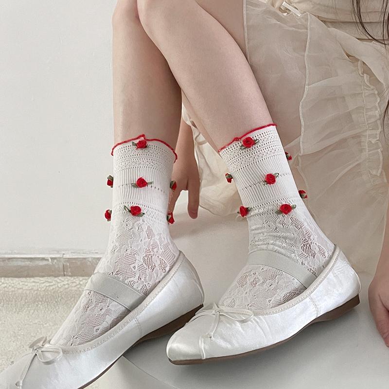 Rose Flowers Lace Socks for Women Summer Spring Sweet Lovely Breathale Cotton Middle Tube Socks Mesh Sock Girls Daily Hosiery