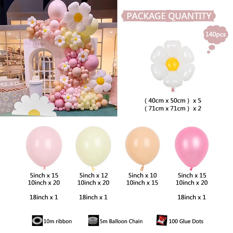 

140Pcs Daisy Balloon Garland Arch Kit Macaron Pink And Yellow Groovy Party For Baby Shower Wedding Birthday Sunflower Decor As Picture