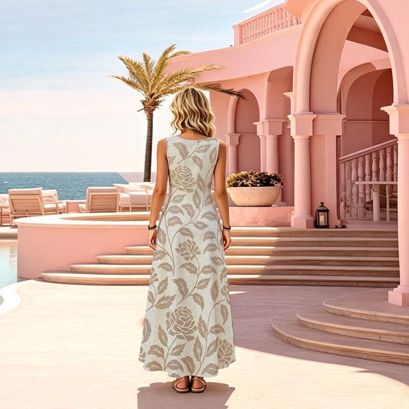 Women's Boho Floral A-Line Maxi Dress Loose Sleeveless Lightweight Flowy Elegant for Vacation Resort