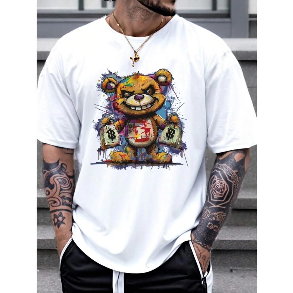 

Men s 100% Cotton Summer Loose Cartoon Bear Pattern Printed Casual Sports Round Neck Short Sleeved Men s T-shirts XXL