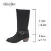 Fashion Belt Buckle High Heel Western Mid-Calf Boots Women 2025 Autumn Winter Suede Vintage Knight Boots Size 35-42 Bottes Femmes Black