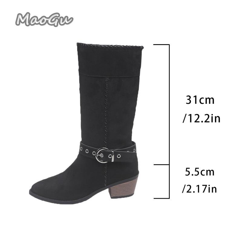 Fashion Belt Buckle High Heel Western Mid-Calf Boots Women 2025 Autumn Winter Suede Vintage Knight Boots Size 35-42 Bottes Femmes Black