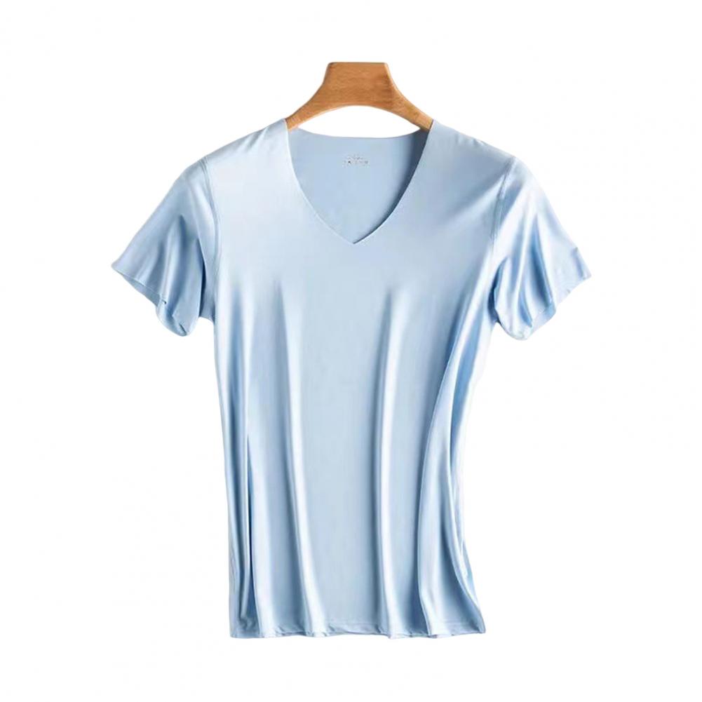 

Male Summer T-shirt V Neck Thin Ice Silk Single Color Thin Stretchy Pullover Mid Length Sweat Absorption Quick-drying Sport Fit Practical Use M светло-синий