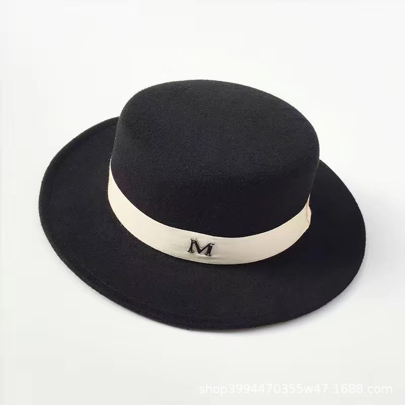 Retro British Style White Ribbon Flat Top Top Top Hat Couple Men and Women Gentleman's Hat Spring and Autumn Large Flat Brim Woolen Thermal Hat