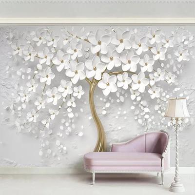Carta da Parati Fotografica Albero Fiori Bianchi Soggiorno Divano Tv Camera da Letto Sfondo Murales Decorazione Casa Affresco