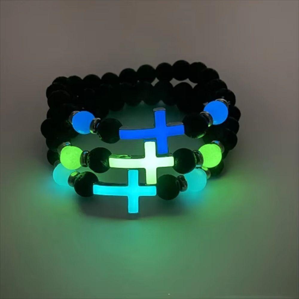 Ethnic Style Men’s Beaded Bracelet Luminous Cross Bangle Volcano Stone Bead Bracelet Party