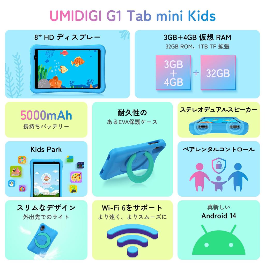 UMIDIGI G1 Tab mini Kids Android 14 WiFi6 Kids 7GB 32GB 1TB IPS 5000mAh Dual GMS Certified 5G OTG EVA Case 8-inch Tablet, + + Expandable,