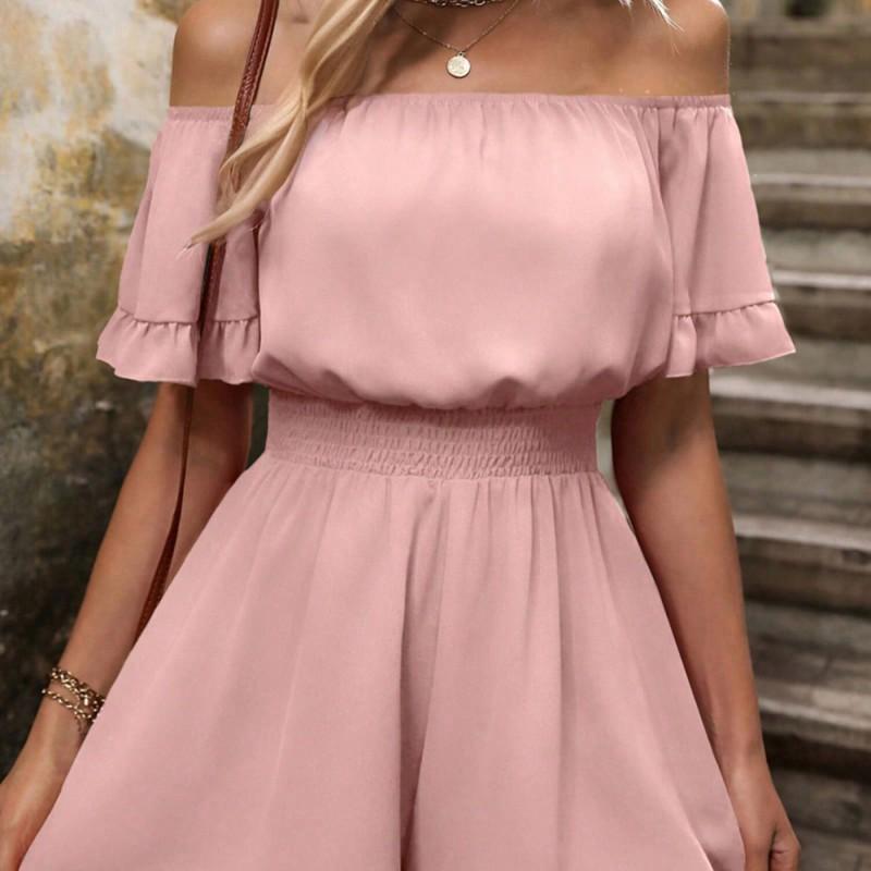 Womens 2025 Off-Shoulder Jumpsuit With Ruffle Detail Mid-Waist Straight Leg Crop Pants Lightweight Sweet Style