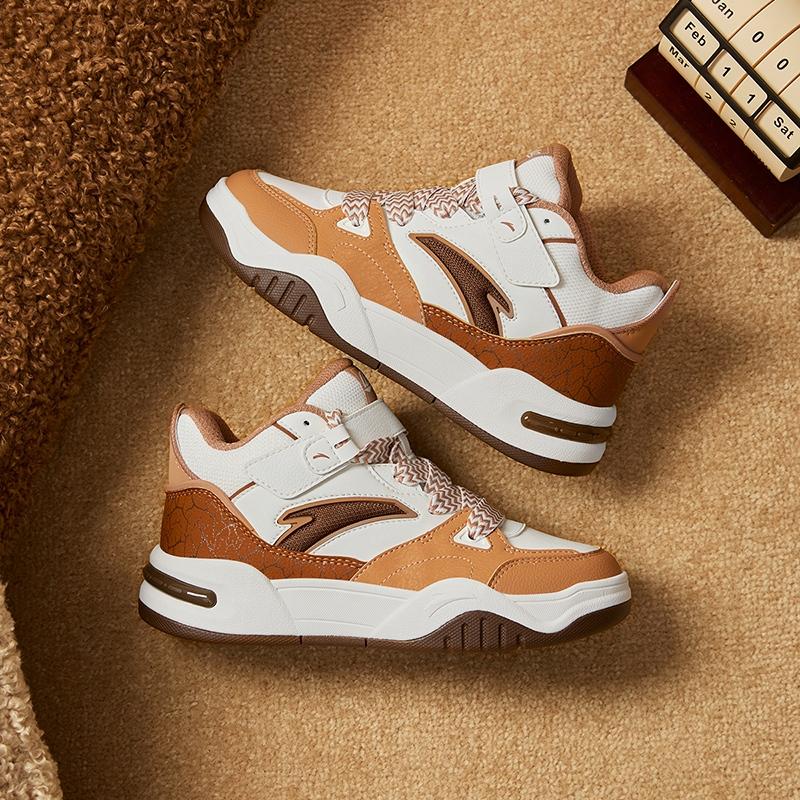 Anta Kids Synthetic Leather Fashion Versatile Lightweight Shock Absorbing High-Top Sneakers Kids Sneakers Ivory-White Lotus-Root-Brown A12448004-4