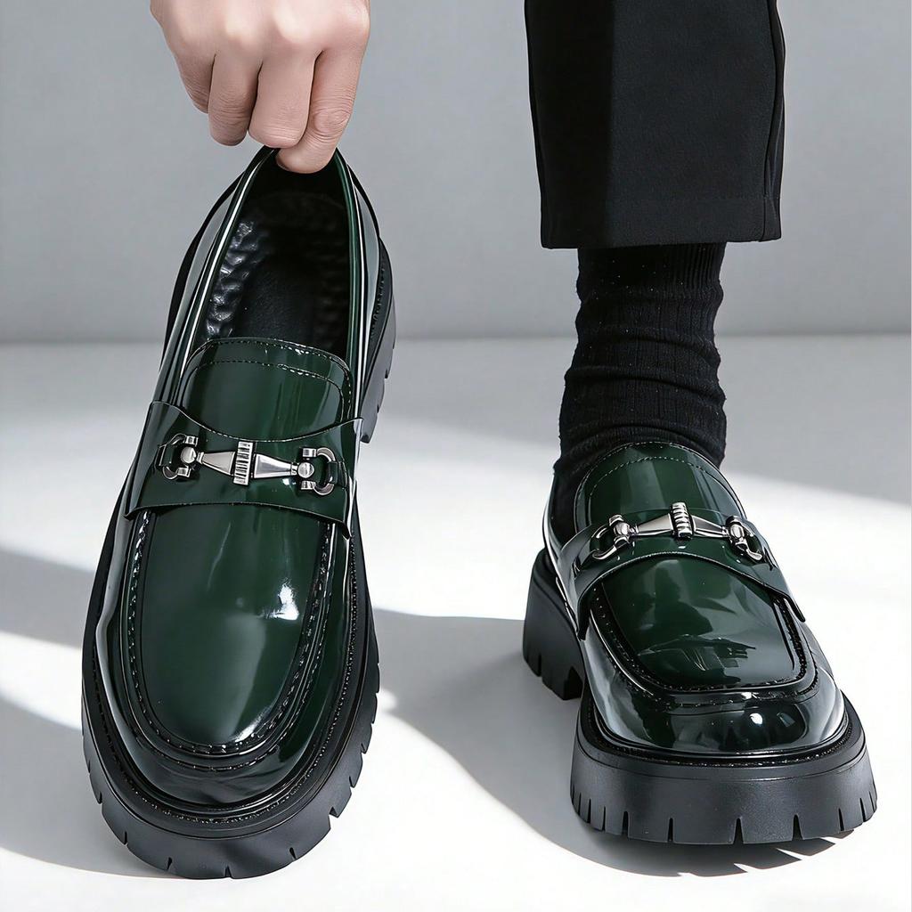 Europe Fashi Thick Sole Men's Penny Loafers Slip-On Business Dress Shoes Gentleman Glossy Buckle Formal Party Black Shoes