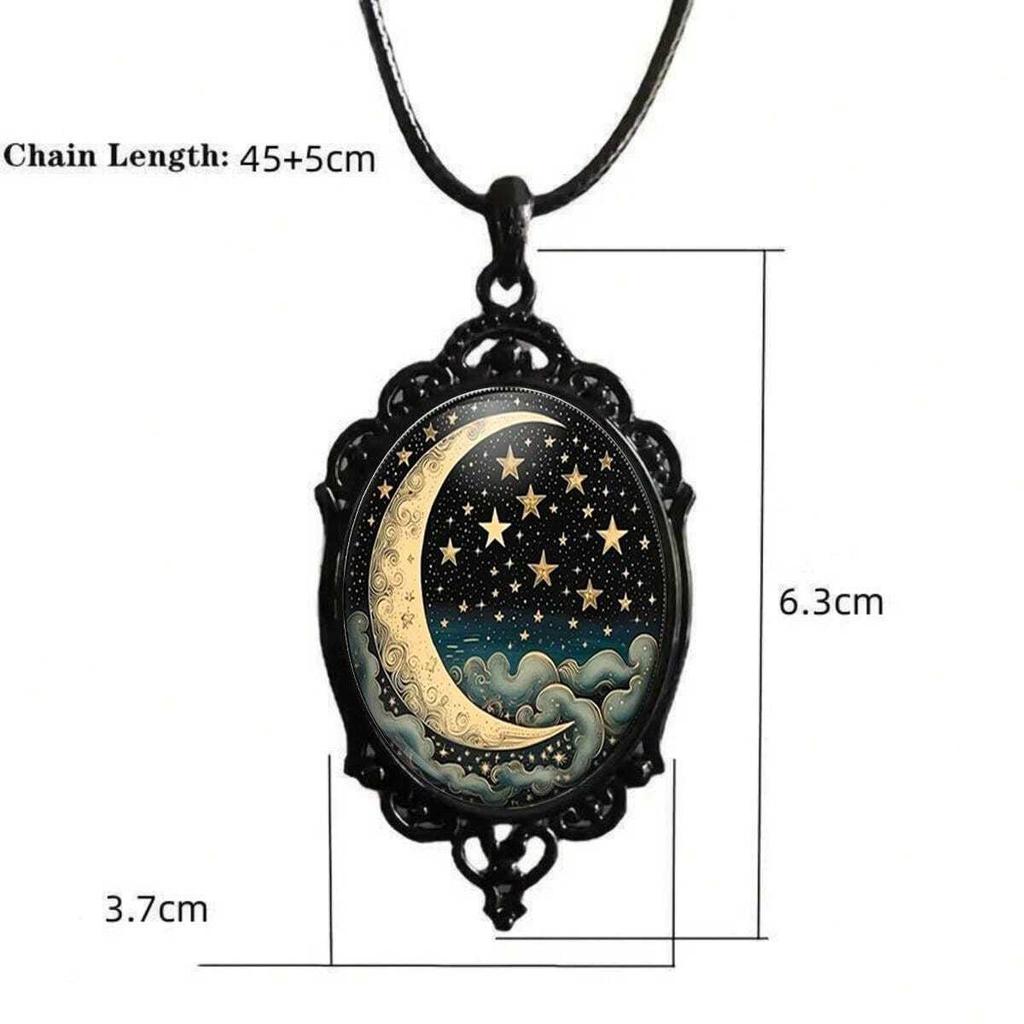 Pendant, Gothic Moon and Starry Sky Pattern, Everyday Necklace for Women