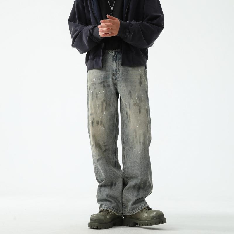 

Осень Новый Стиль Расписанные вручную Винтажные Джинсы для стирки Мужские Прямые Уличные Брюки XXXL