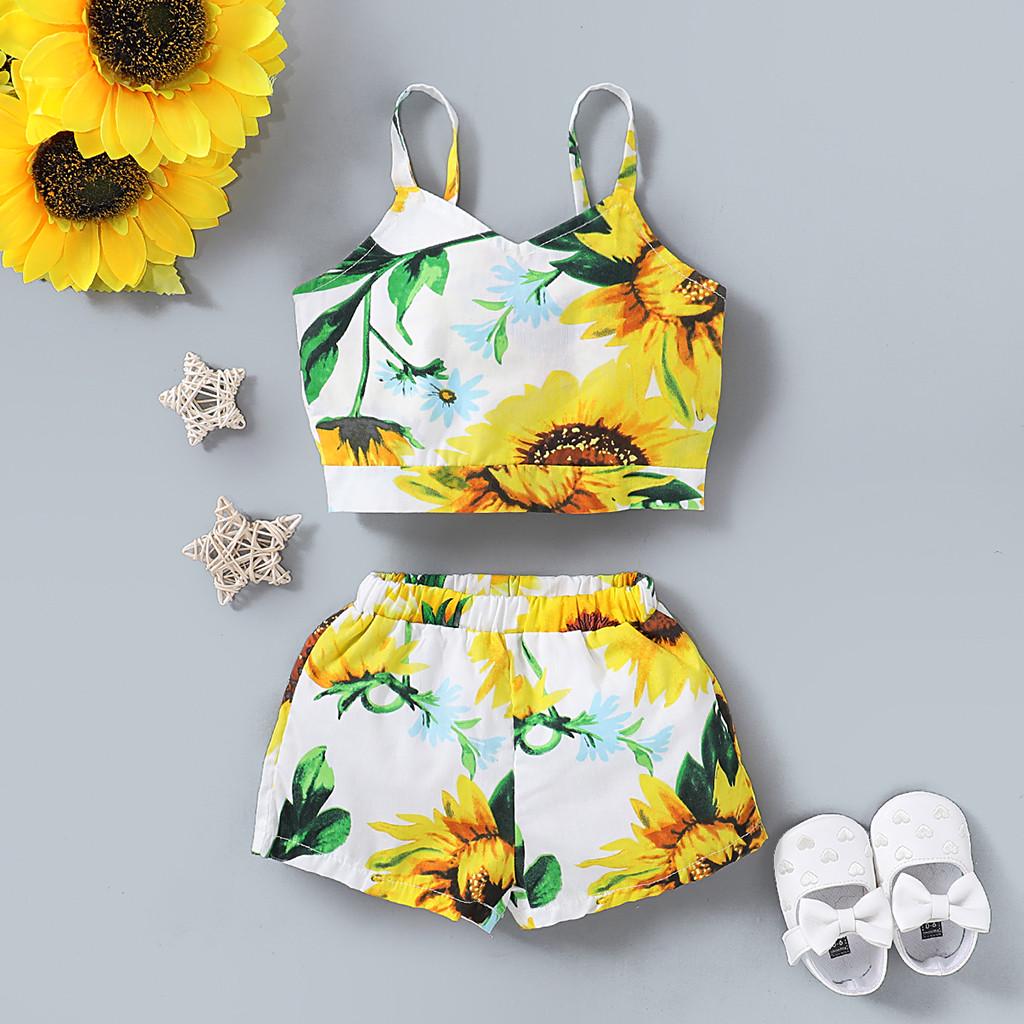 

Toddler Baby Girls Sleeveless Sunflower Print Tops+Shorts Outfits Set Sagit